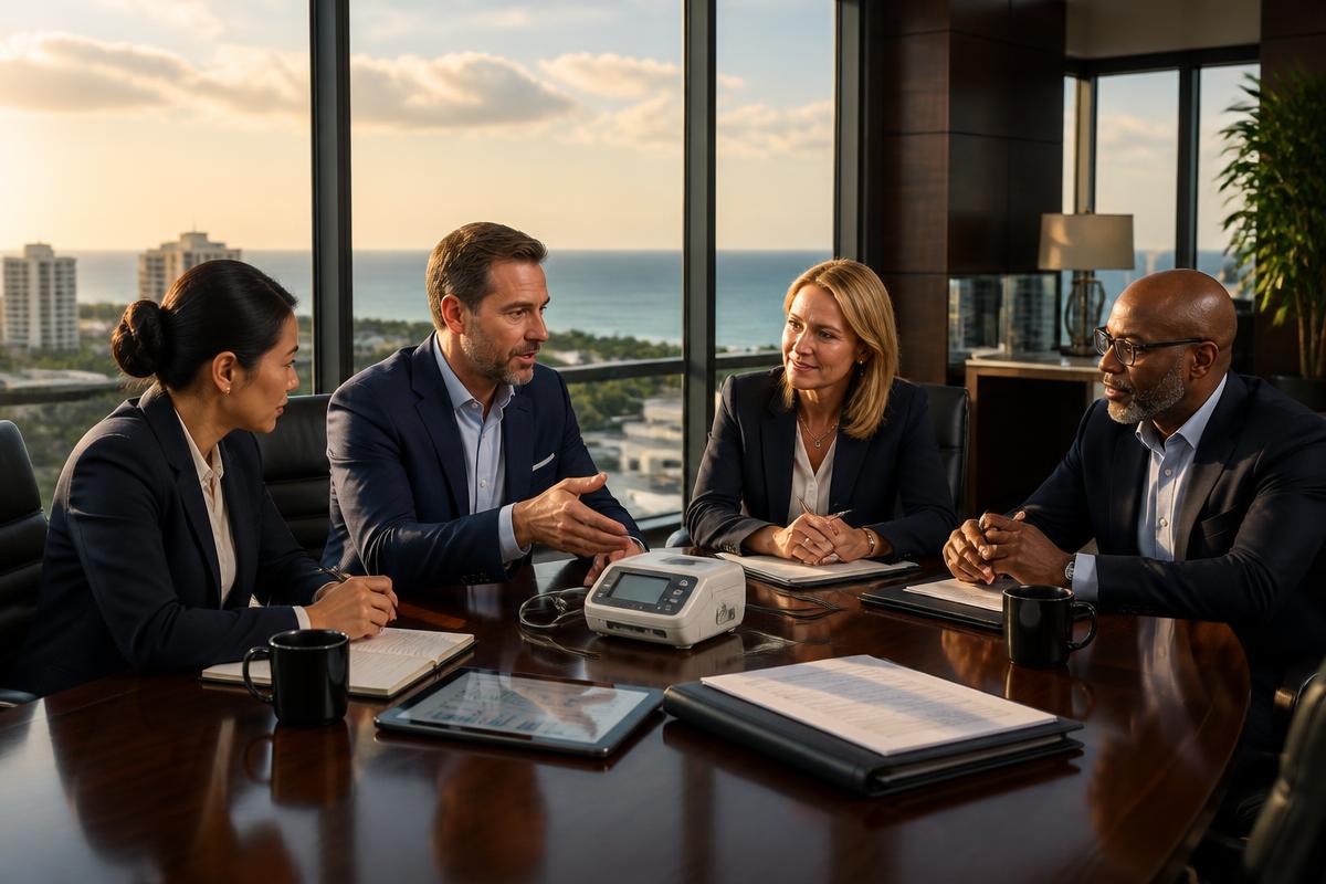 Commercial leaders reviewing medical device strategy and market data in a modern boardroom
