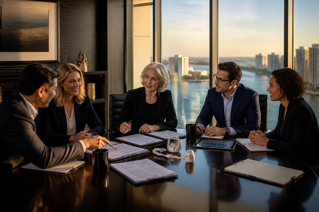 Commercial team reviewing medical device strategy in a modern boardroom